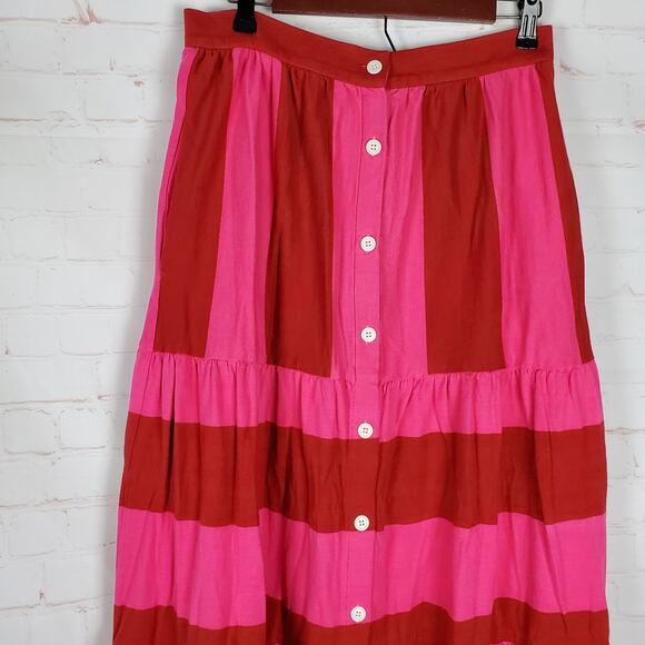 MDS Stripes Knit Tiered Button Front Maxi Skirt Size 2/M Pink Red Cotton Pockets - Picture 5 of 14